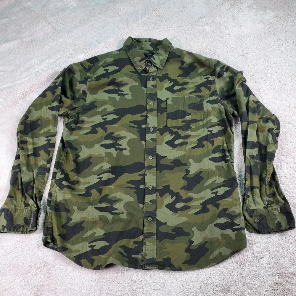 Banana Republic Luxe Flannel Shirt Mens L Camo Untucked Slim Fit Green Cotton